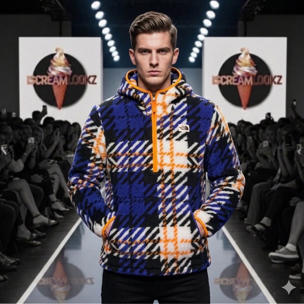 The North Face Men’s Blue, Orange & Black Plaid Fleece Hoodie